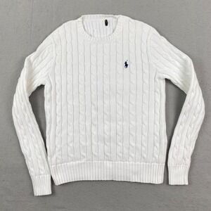 Polo Ralph Lauren Womens Cable Knit crew neck Sweater White S Preppy pony